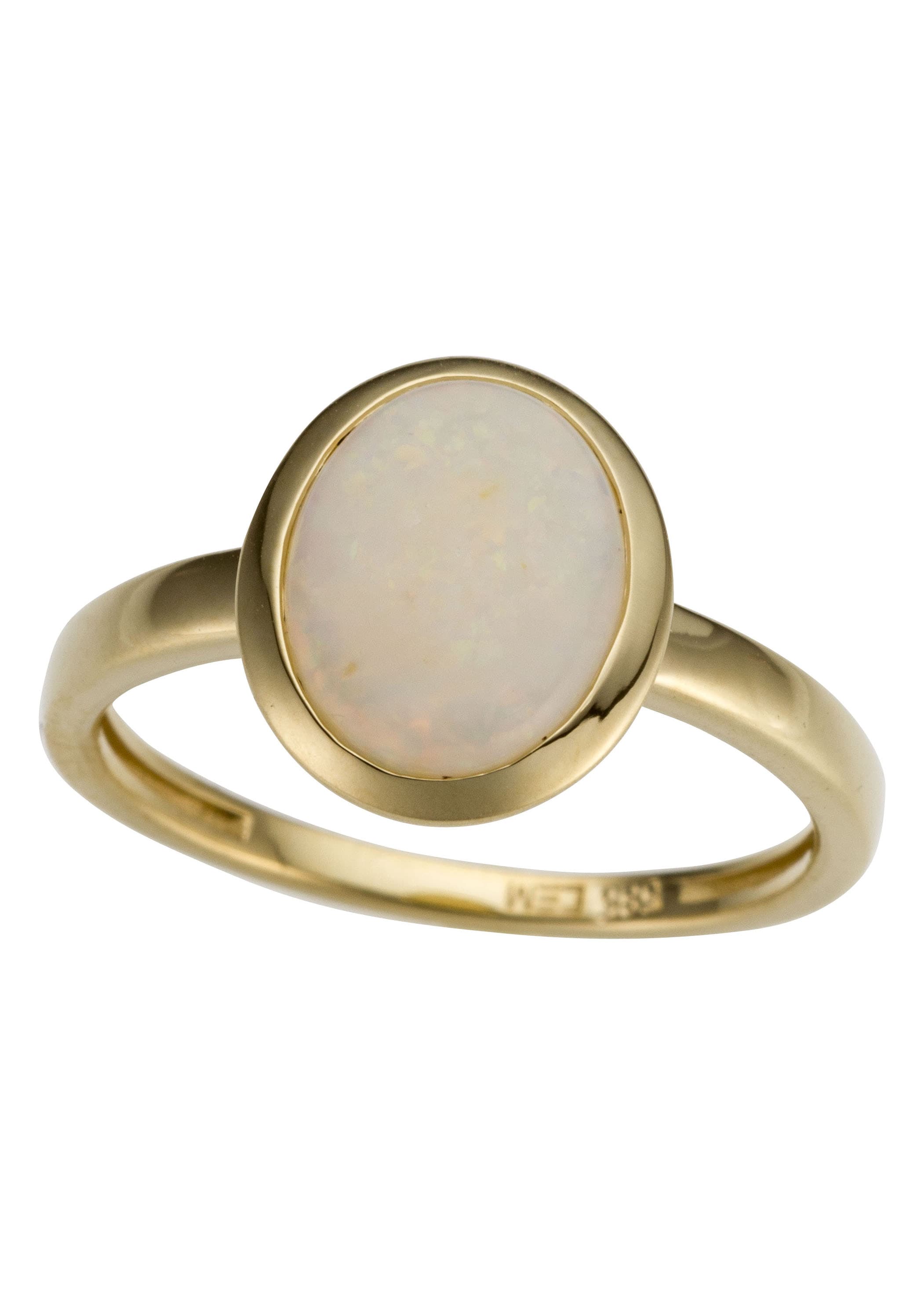 Goldring FIRETTI "Schmuck Geschenk Gold 585 Damenring Goldring Edelstein Farbstein" Gr. 18, gold (gelbgoldfarben, weiß), Fingerringe, Damen, 18, Gelbgold 585, 2mm, mit Opal Image
