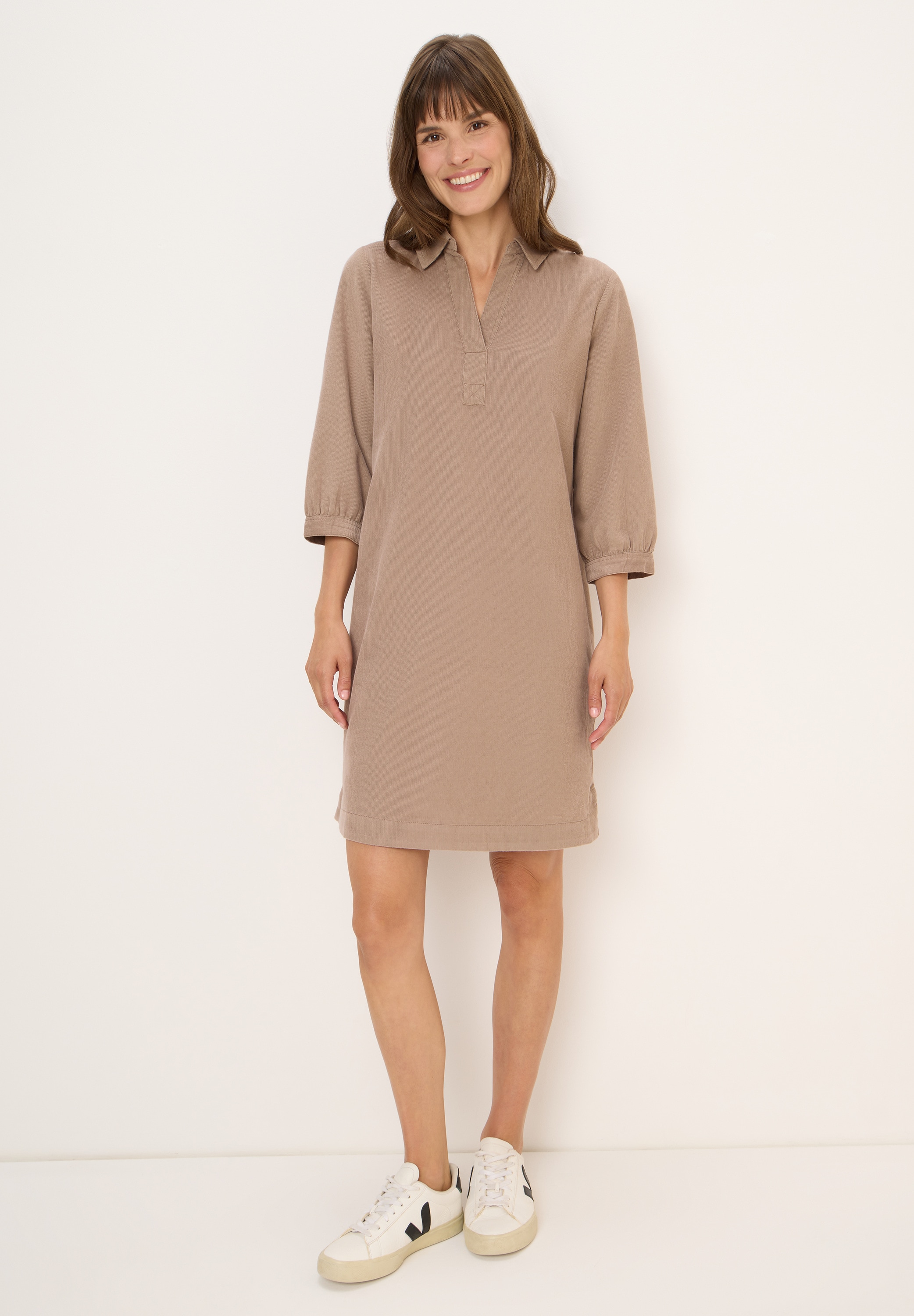 Midikleid CECIL, Damen, Gr. M (40), US-Größen, beige (natural taupe), Web, 100% Baumwolle, unifarben, normal knielang, V-Ausschnitt, Bündchen, Kleider Midikleid, in Unifarbe
