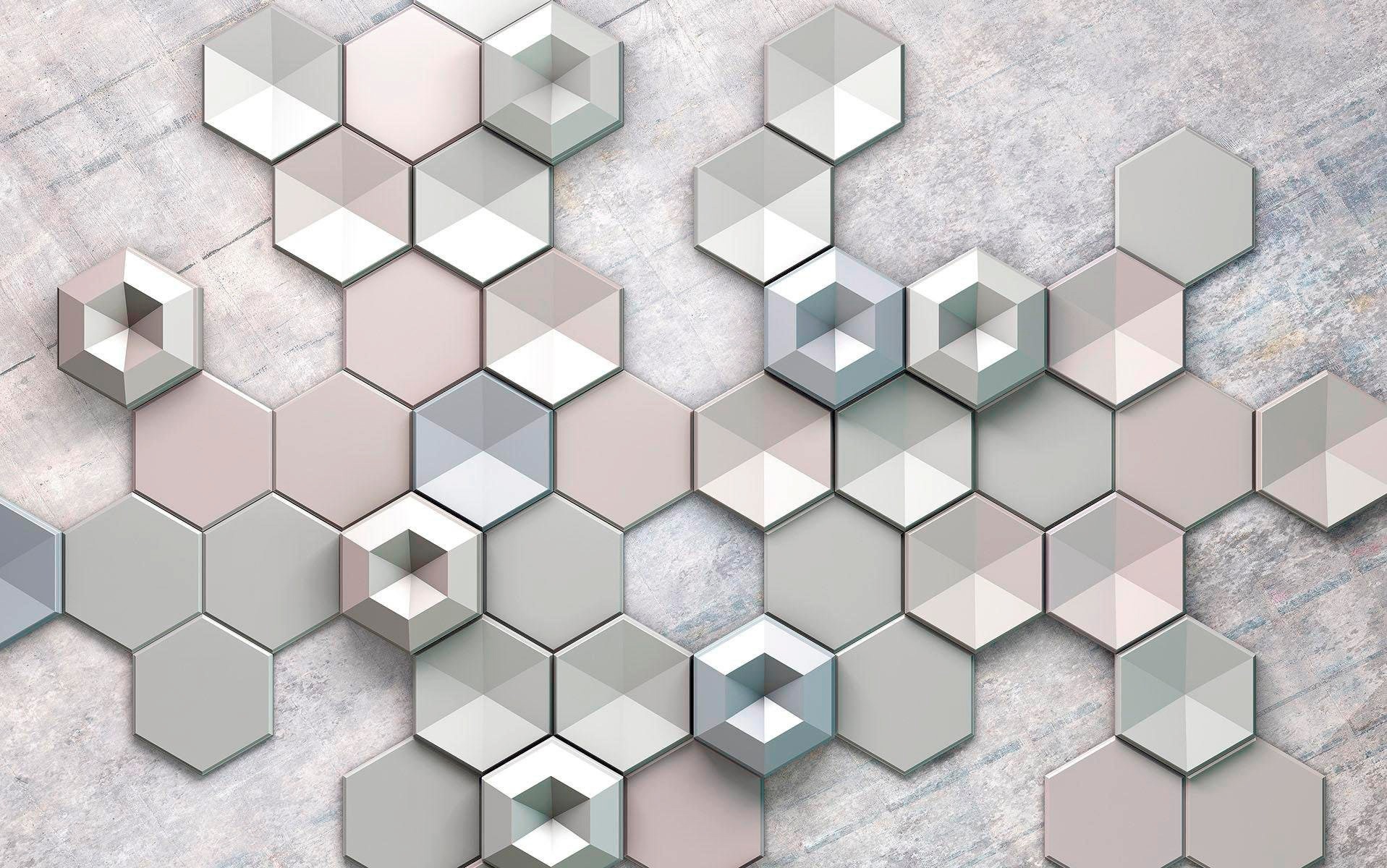 Vliestapete KOMAR "Digitaldruck Vlies - Hexagon Concrete - Größe 400 x 250 cm", silber (silberfarben), B:400m L:250m, Vlies, Tapeten, Wohnzimmer, Schlafzimmer Image