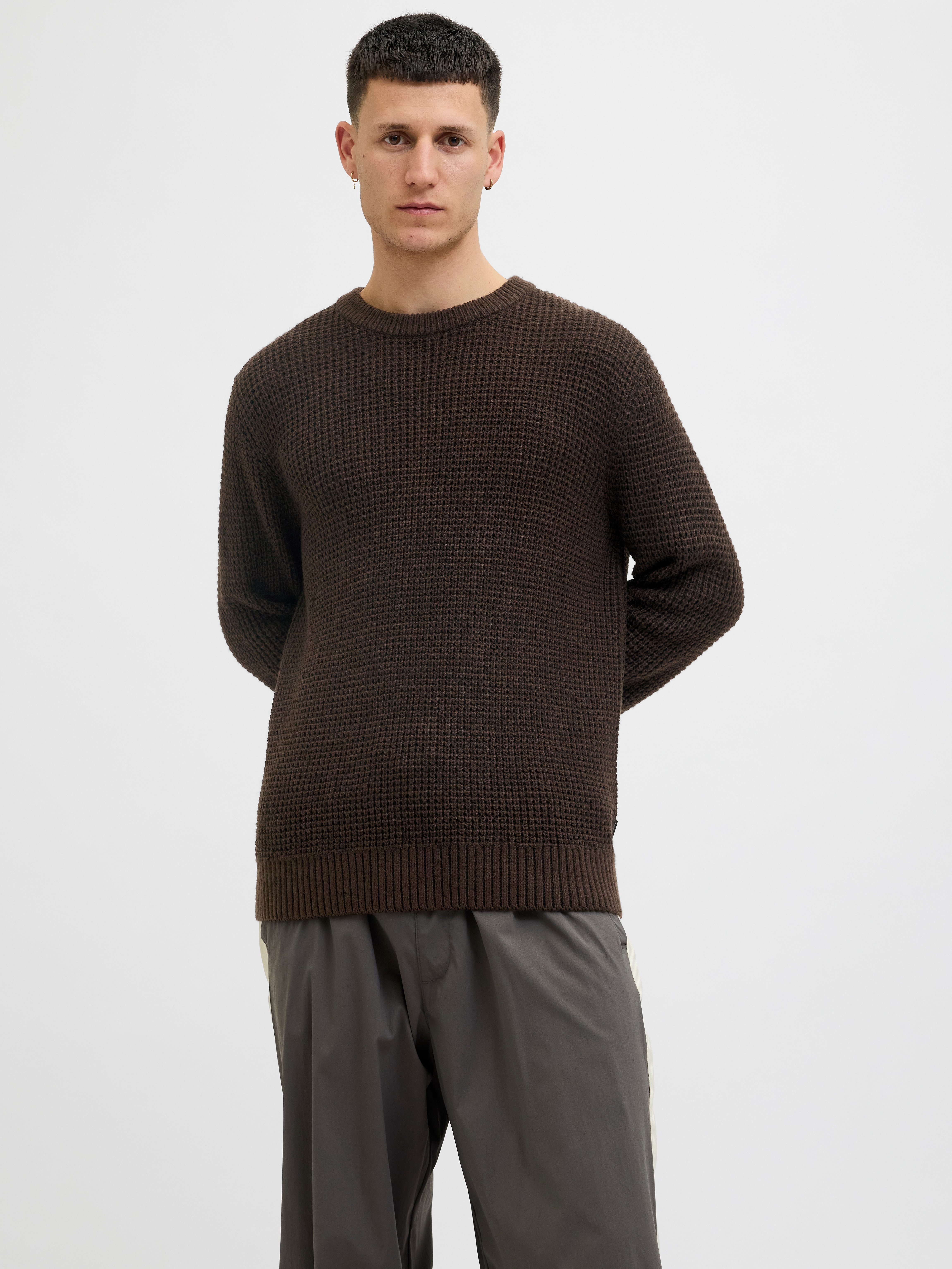 Strickpullover JACK & JONES "JJGLOBAL KNIT CREW NECK", Herren, Gr. XS, delicioso detail:twisted with schwarz, Strick, Obermaterial: 67% Polyacryl, 33% Baumwolle, unifarben, regular fit, Rundhals, Pullover Image