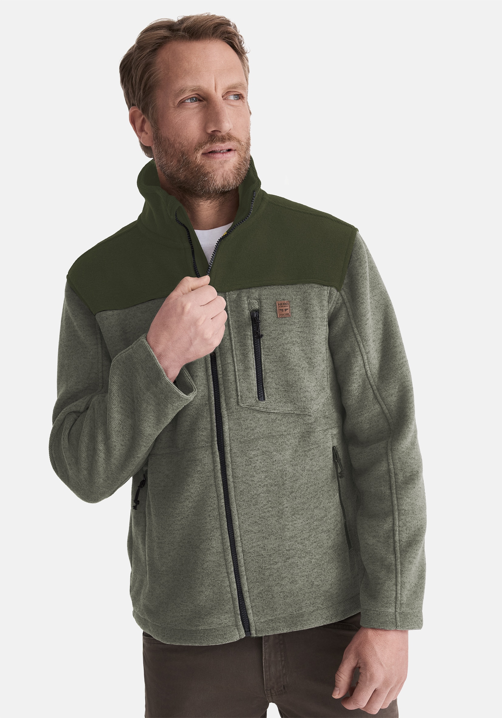 Fleecejacke HERO BY JOHN MEDOOX "JOEL Heavy Strick-Fleecejacke", Herren, Gr. L, grün (olive melange), Fleece, 100% Polyester, regular fit, Jacken Fleecejacke, Sherpa fleece Straight Fit Casual Sherpa für Herren