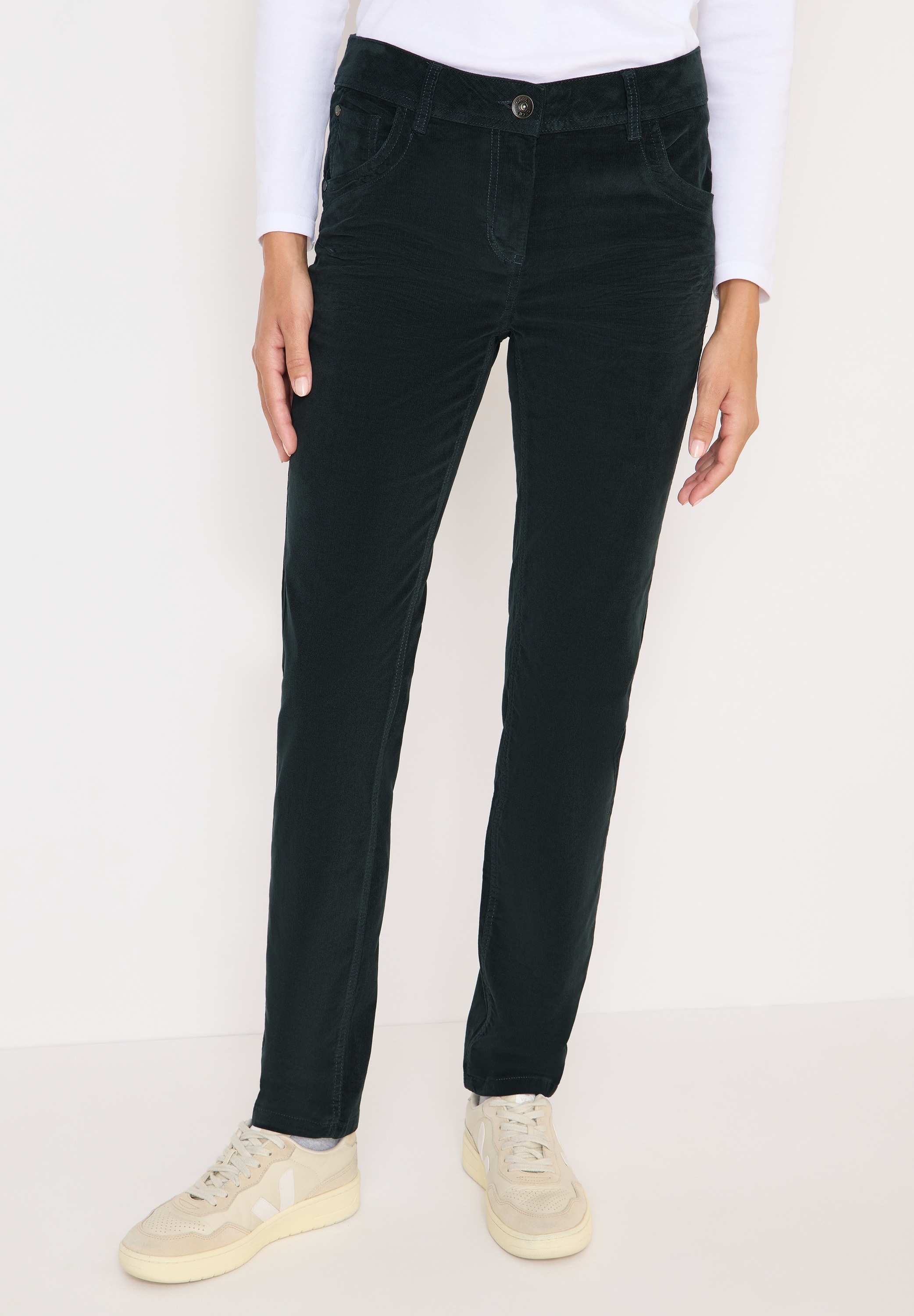 Cordhose CECIL, Damen, Gr. 34, Länge 32, schwarz emerald grün, Cord, 98% Baumwolle, 2% Elasthan, unifarben, slim fit lang, Hosen, Middle Waist Image