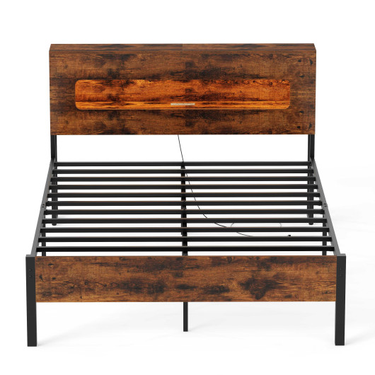 Costway Slatted Full Bed Frame with LED Lights and Storage Headboard No Box Spring Needed-Full Size