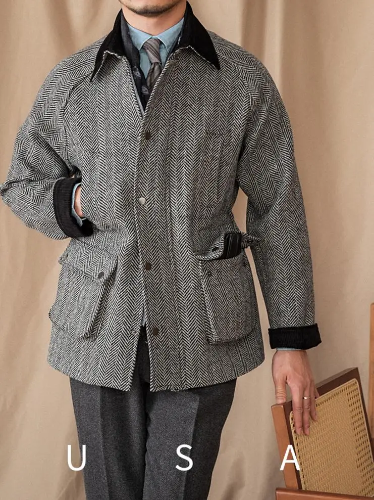 Schwere Vintage-Jacke aus 100er Wolle mit Fischgrätenmuster, warme Vintage-Jacke mit Vintage-Revers und Gentry-Italien-Affenjacke