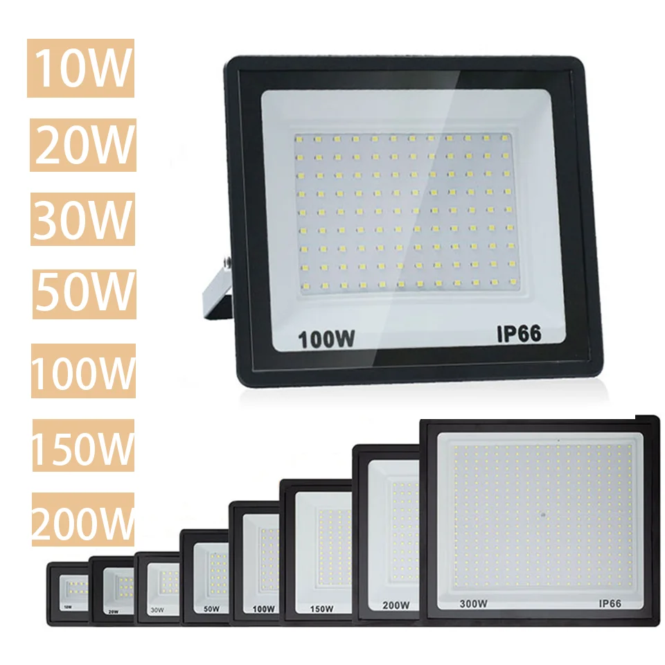 LED-Flutlicht, 220 V, 10 W, 20 W, 30 W, 50 W, 100 W, 150 W, 200 W, 300 W, Strahler, IP66, wasserdicht, für Garten, Straße, Tor, Wandfluter im Freien