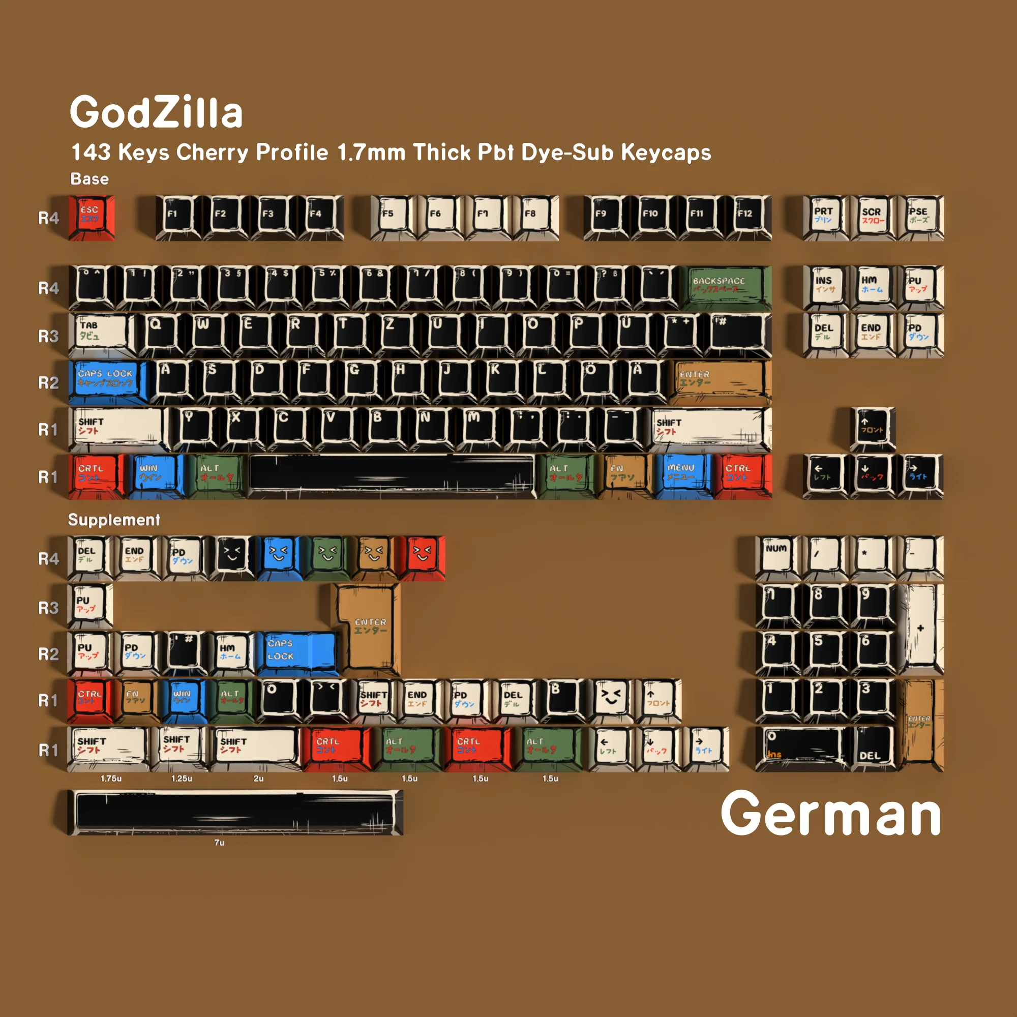 Comic-Tastenkappen, Monster, Anime-Cartoon, 143-Tasten, PBT, Kirschprofil, koreanisches deutsches Japan, Tastenkappe, Dye-Sub, mechanische Tastaturkappen Image