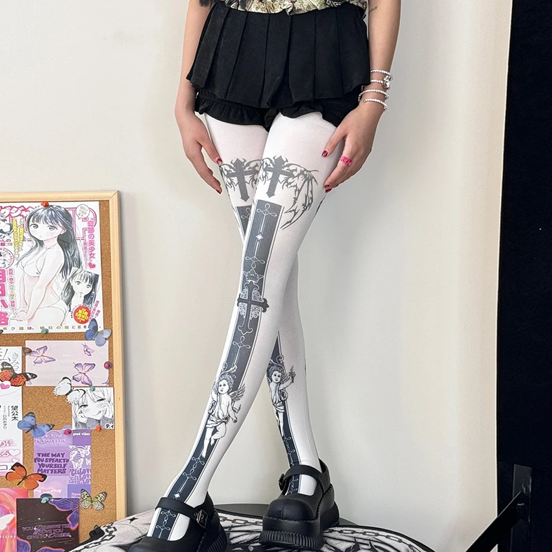 Y2K Kreuz Gedruckt Strumpfhosen Frauen Herbst Gothic Skeleton Legging Nachtclub Bar Strümpfe Halloween Party Strumpf Image