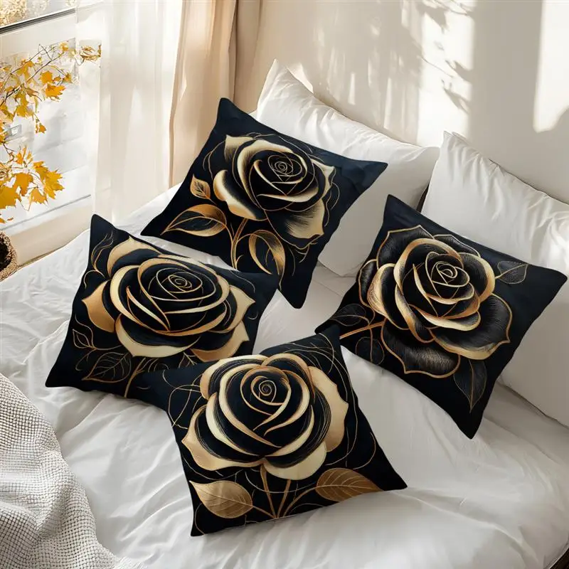 Home Decor Kissenbezüge mit vergoldetem schwarzem Rosenmuster, Muster-Kissenbezug, geeignet für Sofa, Schlafzimmer, Auto-Kissenbezug