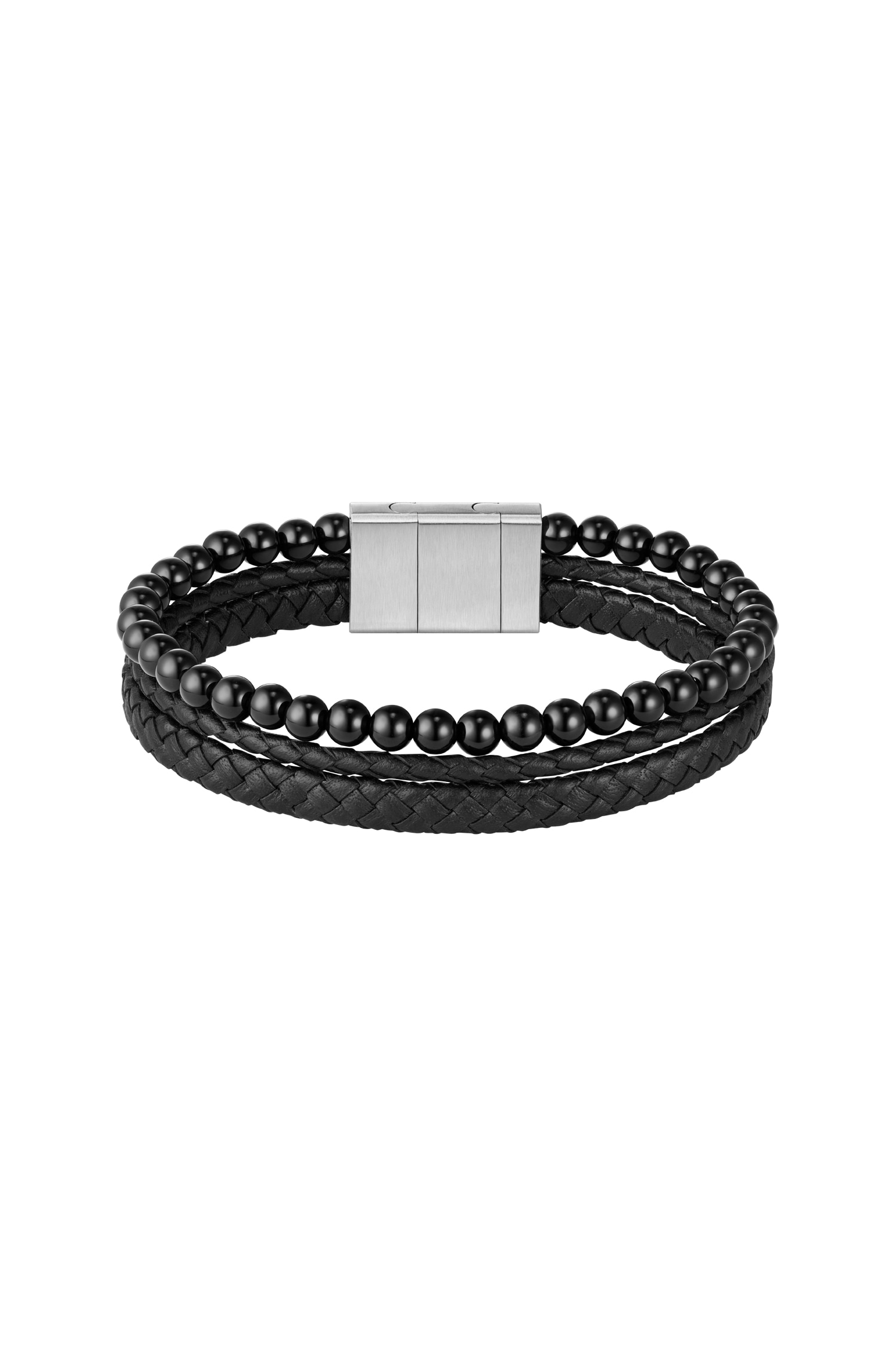 Lederarmband BOSS "SPHERE MIXED", edelstahlfarben, schwarz, schwarz, Armbänder, Damen, 19cm, Edelstahl Leder, Edelstahl, Leder, mit Onyx oder Tigerauge Image
