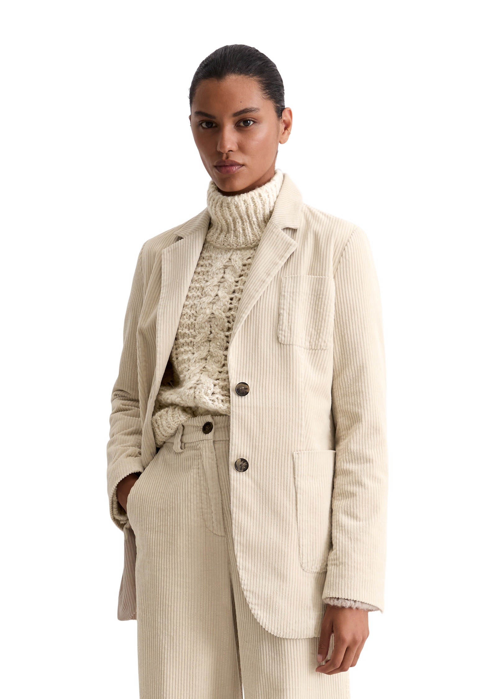 Longblazer MARC O'POLO "aus reiner Organic Cotton", Damen, Gr. 40, beige (light oat), Cord, Obermaterial: 100% Baumwolle; Futter: 95% Polyester, 5% Elasthan, unifarben, figurbetont normal, Blazer Longblazer