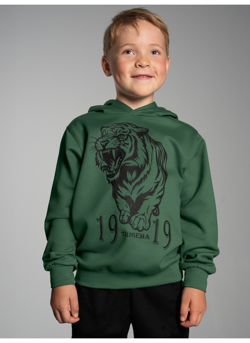 Kapuzensweatshirt TRIGEMA "TRIGEMA Hoodie mit großem Tiger-Printmotiv", Kinder, Gr. 128, efeu, 70% Baumwolle, 30% Polyester, Basic, Sweatshirts Image