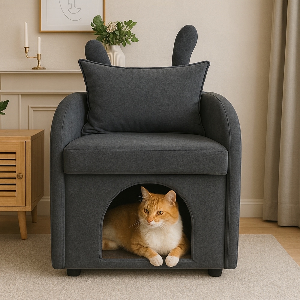 Velvet Pet-Friendly Armchair with Built-in Cat Dog Hideaway