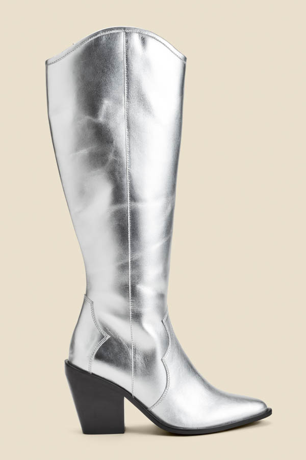 Sosandar Womens Silver Leather Knee High Western Boot - Size UK 4 | Sosandar Sale | Discount Designer Brands