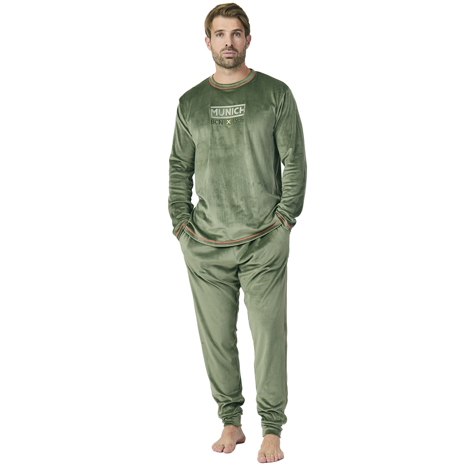 MU3 Herren-Pyjama aus Samt mit Rundhalsausschnitt und langen Ärmeln Image