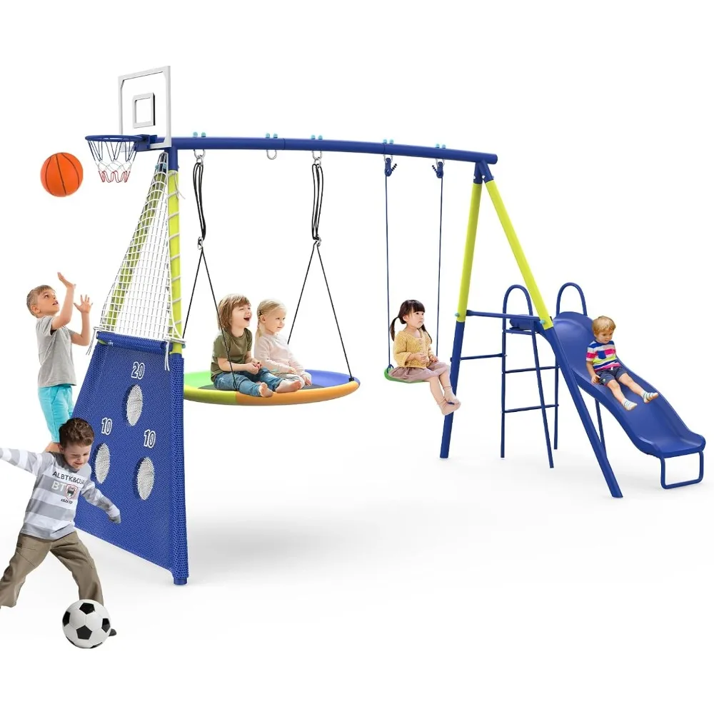 Swing Sets for Backyard with Kids Slide Outdoor Heavy-Duty Metal Playset for Kids 440lbs 5 in 1 Swing Set with Slide,Saucer Seat