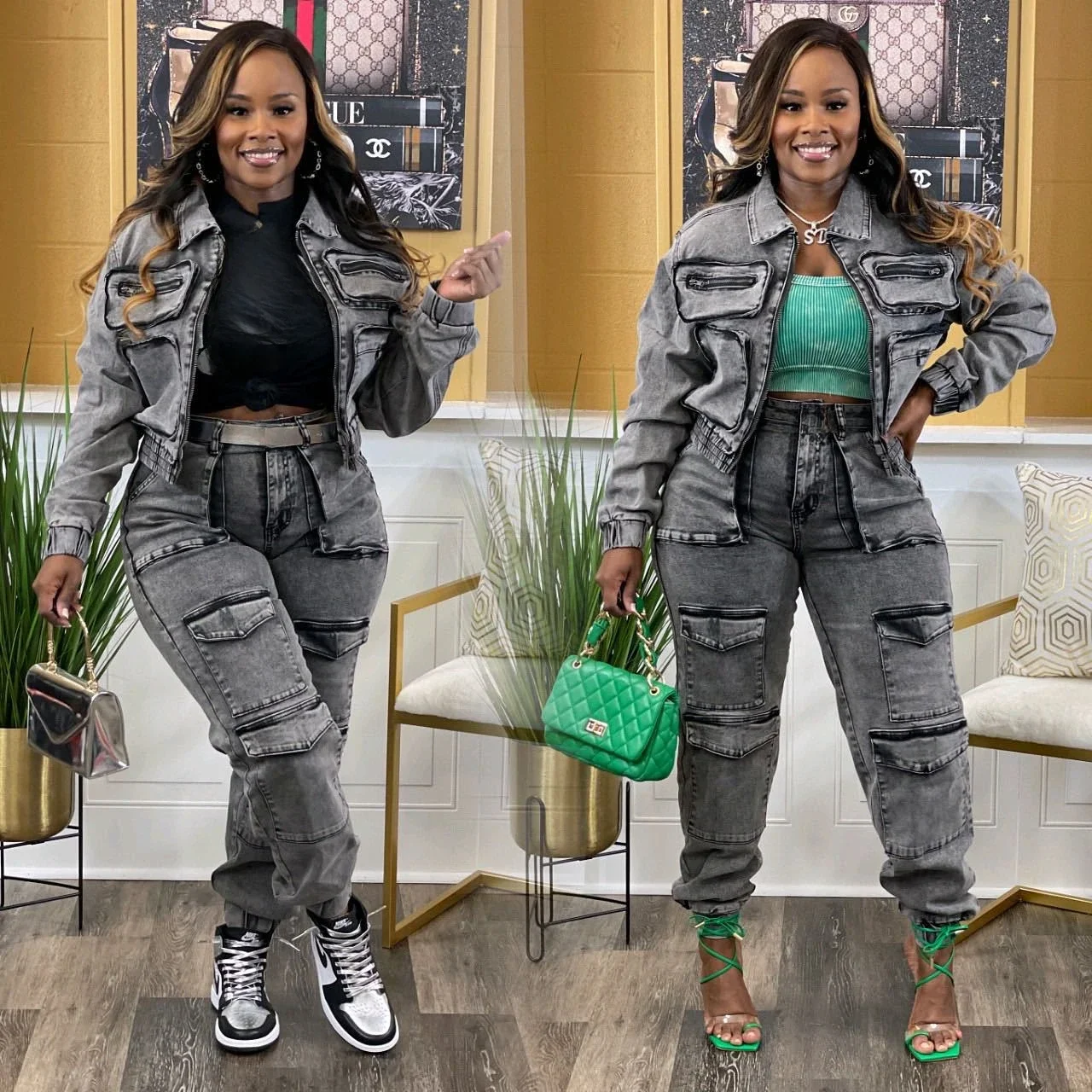 Frauen Jeans Denim Hose Sets Langarm Trainingsanzug Reißverschluss Denim Mantel Cargo Knöchel Länge Hosen Taschen High Street Gespleißt Image