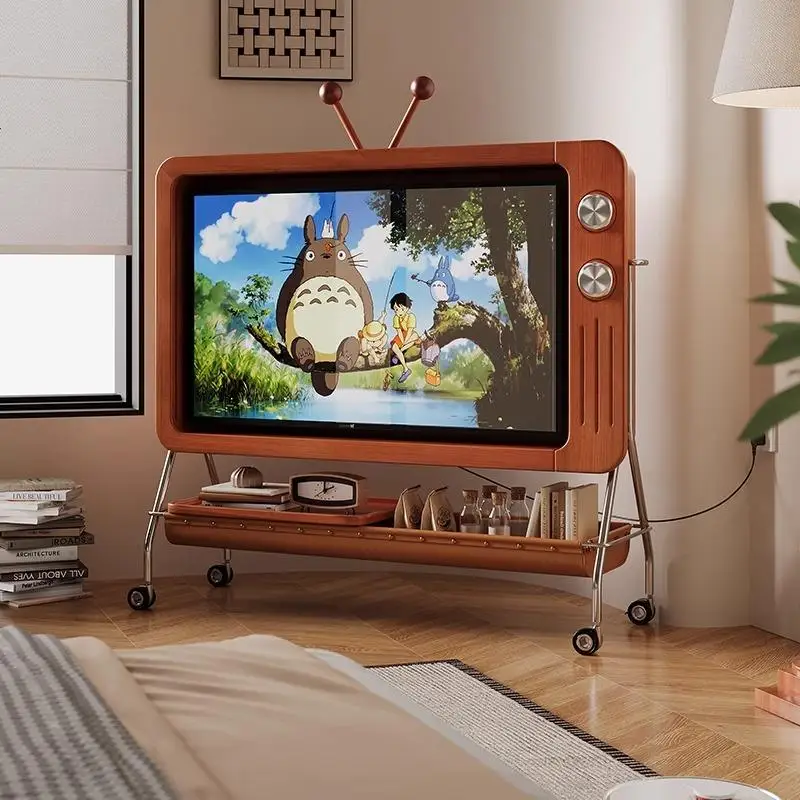 Retro-TV-Schrank vom Boden bis zur Decke reichender Hochfüß-TV-Schrank im japanischen Stil, kleine Wohnungshalterung, Wohnzimmer, Schlafzimmer, moderner, einfacher mobiler Fernseher Image
