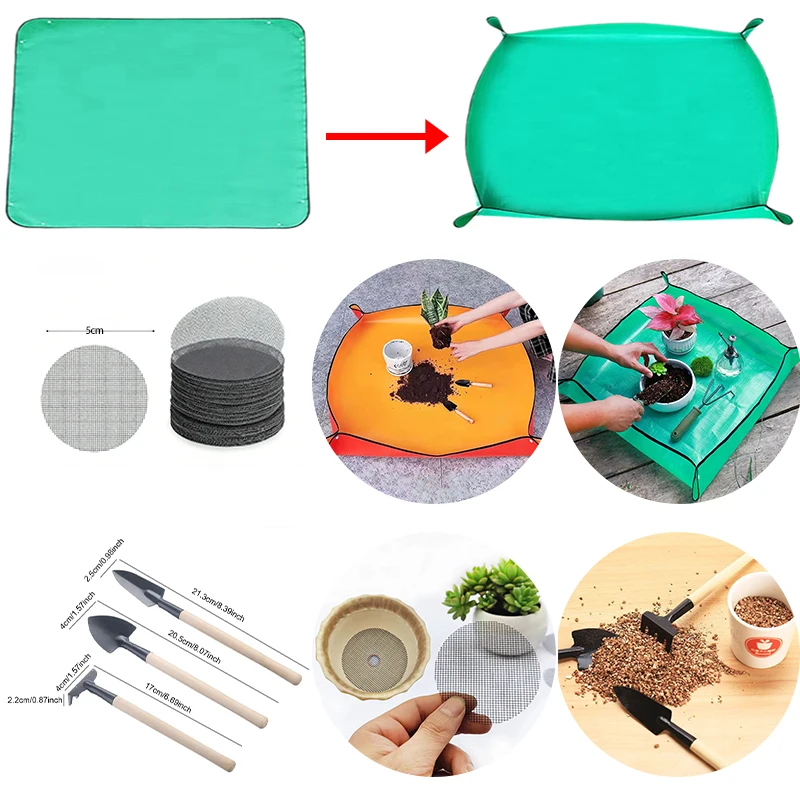 Wasserdichte, faltbare Gartenpflanze, Blumentopf, Pflanzmatte, Umpflanzmatten, 32–100 cm, grün, gelb, dicker, Schaufel, Gartenwerkzeug-Set Image