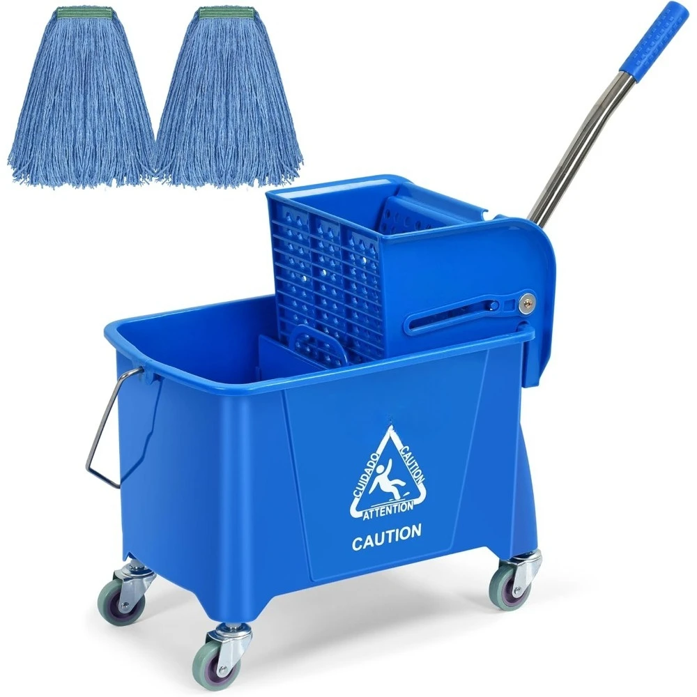 Portable Blue 22Quart Compact Mop Bucket INCL.2 Pcs Mop Head with Side Press Wringer On Wheels,Floor Cleaning,for Household Use