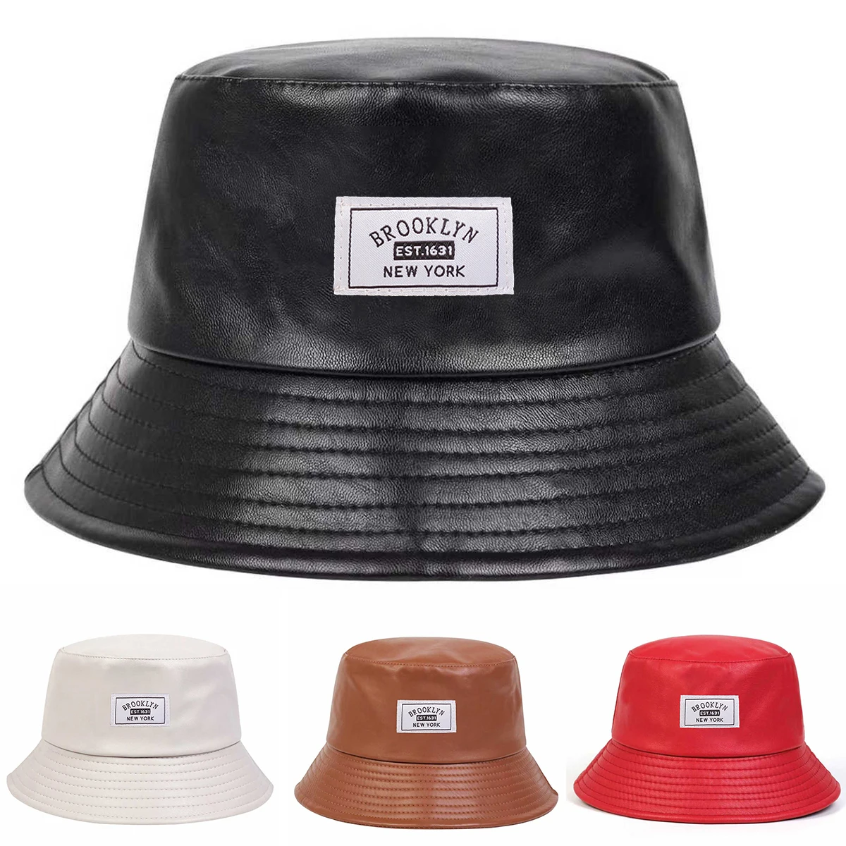 Unisex BROOKLYN EST1631 NEW YORK Nähen Label Persönlichkeit Pu Leder Eimer Hüte Fischer Caps Outdoor Casual Cap Sonnenschutz Hut