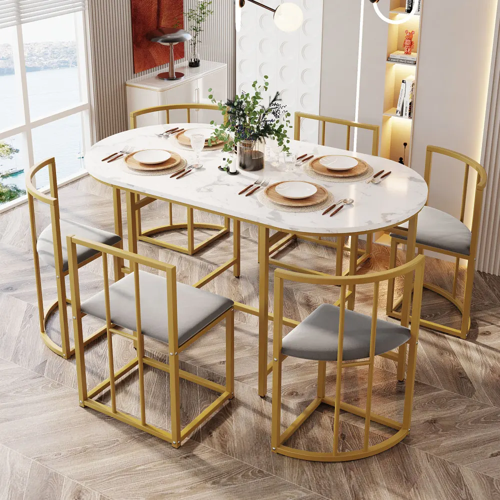 Esstisch-Set mit sechs Stühlen: (weißer Tisch, Stühle mit Rückenlehnen und grauer Polsterung, goldenes Eisengestell), Esstisch- und Stuhl-Set