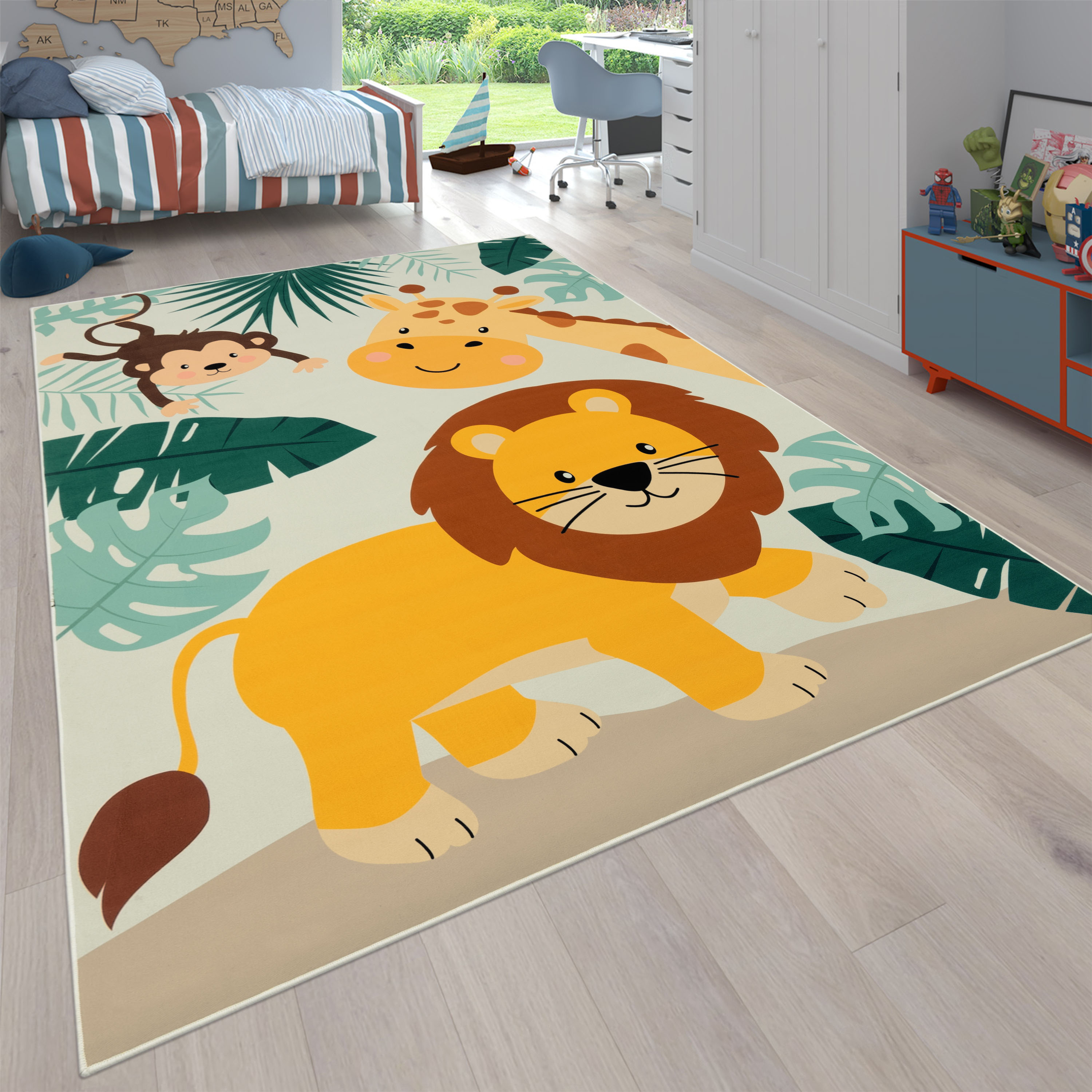 Kinderteppich PACO HOME "Bino 582", beige, B:120cm H:4mm L:160cm, Polyester, Teppiche, Kinderteppich, Spielteppich, Motiv Tiere, Löwe & Giraffe, Kinderzimmer