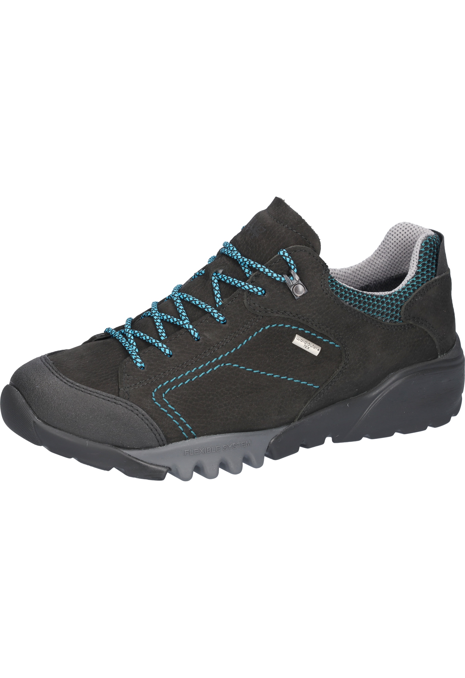 Trekkingschuh WALDLÄUFER "H-Fritz", Herren, Gr. 10 (44,5), schwarz, türkis, Gummi, Nubukleder, Textil, kontrastfarbene Details, Schuhe Trekkingschuh, Freizeitschuh, Outdoorschuh, Sneaker mit TEX-Ausstattung, H-Weite