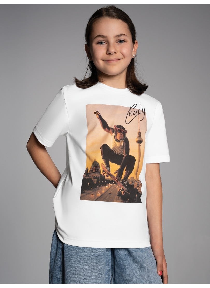 T-Shirt TRIGEMA "TRIGEMA T-Shirt trigema Affe Charly Skateboard", Mädchen, Gr. 128, weiß, 100% Baumwolle, Basic, Shirts T-Shirt
