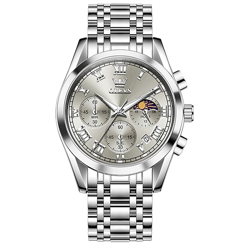 Montre Olevs 2871 pour homme, bracelet en acier inoxydable, étanche jusqu'à 30 m, avec calendrier et phases de lune