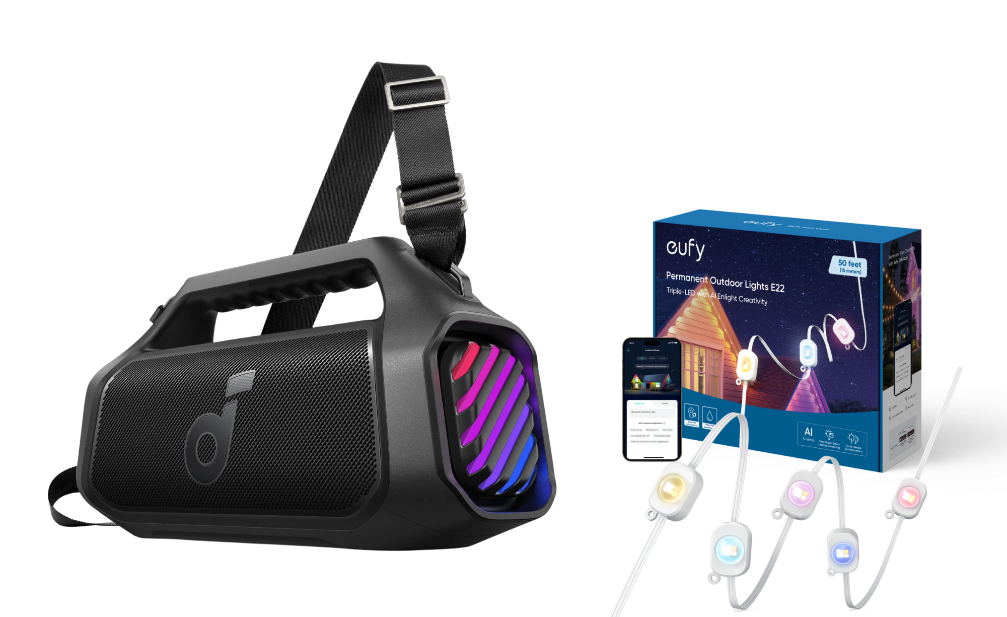 Boom 2 Plus | Bluetooth-Lautsprecher mit mächtigem Bass für Draußen + eufy Festinstallierte Außen‑Lichterkette E22