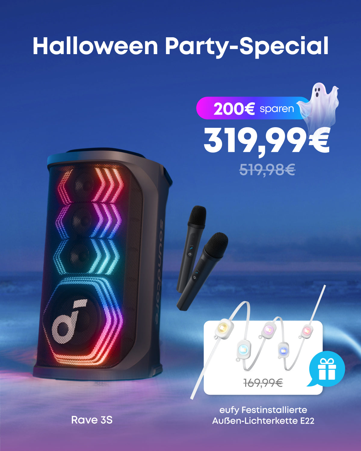 Rave 3S | KI Karaoke Party-Lautsprecher mit 200W Sound + eufy Festinstallierte Außen‑Lichterkette E22 Image