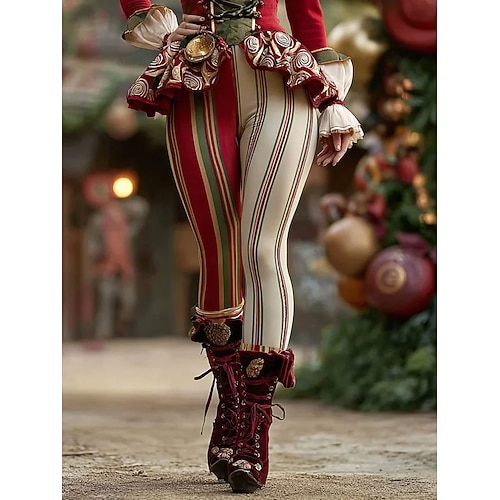 Damen Leggings Urlaub Vintage Ethno-Stil Voller Länge Hohe Taille Hose Hässliche Grafiken Gestreift 3D Druck Schnelltrocknend Atmungsaktiv Weich Hohe Elastizität Outdoor Zuhause Lässig Beige Sommer Image