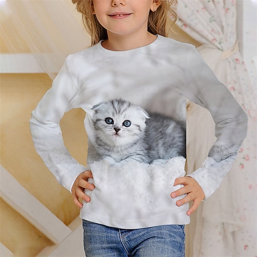 Mädchen 3D Tiermotiv Katze T-Shirt Langarm Frühling Herbst Mode Basic Kinder 4-12 Jahre Rundhalsausschnitt Outdoor Lässig Täglich Normale Passform Image