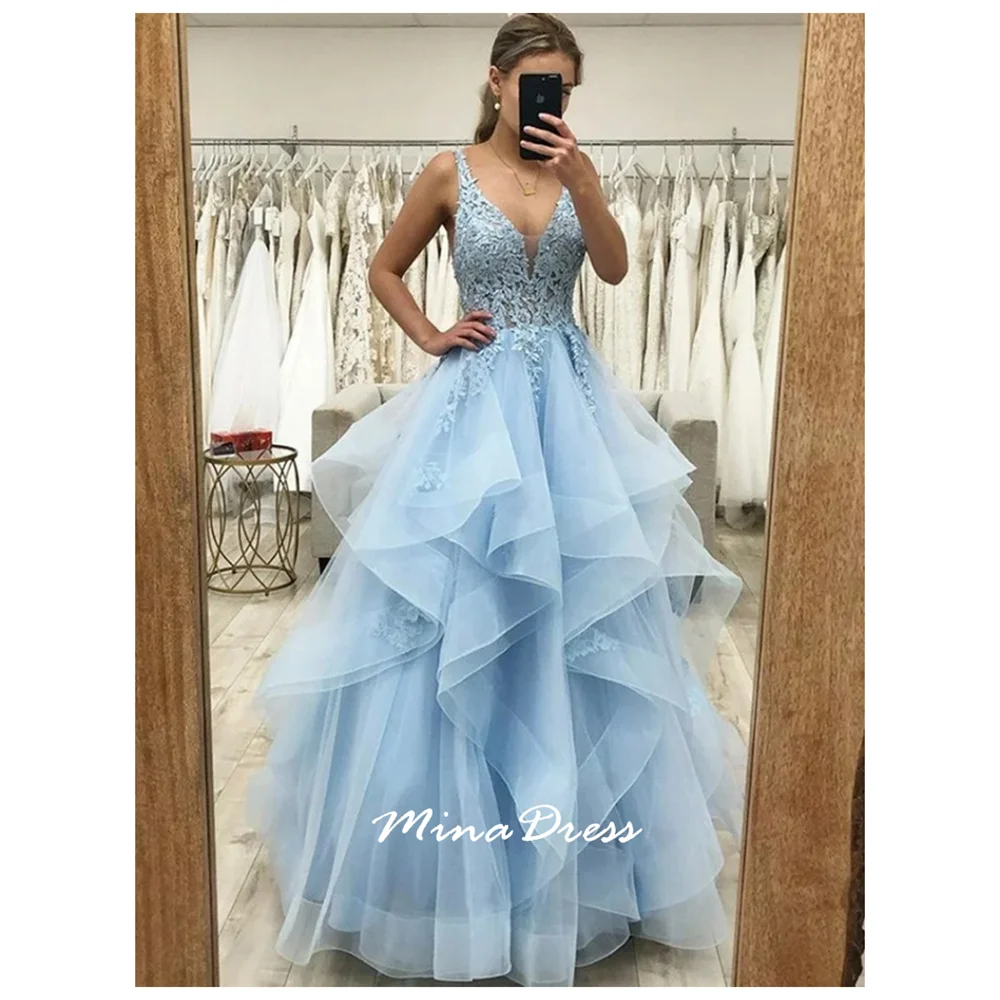Mina Lace Embroidery Evening Dress Woman Customized Backless Long Dresses Customized Luxury Dinner Sleeveless Ruffle Edge V-neck