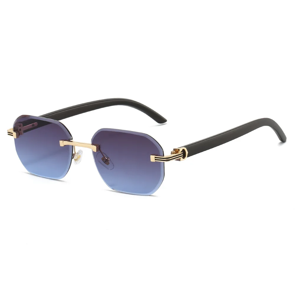 Sechseckige randlose Sonnenbrille für Herren und Damen, modische Brillen, Holzstruktur, Tempel, vereinfacht, quadratische Sonnenschutz Image