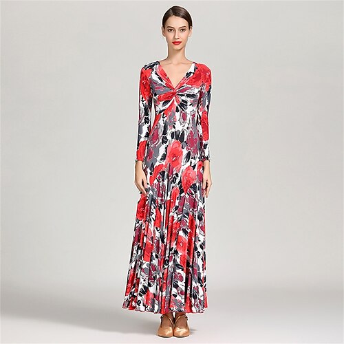 Ballsaal-Tanzkleid mit Blumenmuster für Damen – A-Linien-Kleid mit V-Ausschnitt und gedrehter Vorderseite für Wettbewerbe, Latein und Tanzveranstaltungen – Rot Schwarz Image
