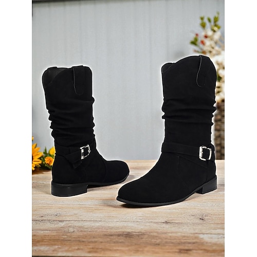 Dunkelbraune Slouchy-Stiefel für Damen mit Schnalle – lässige Stiefeletten mit niedrigem Absatz für den Alltag Image