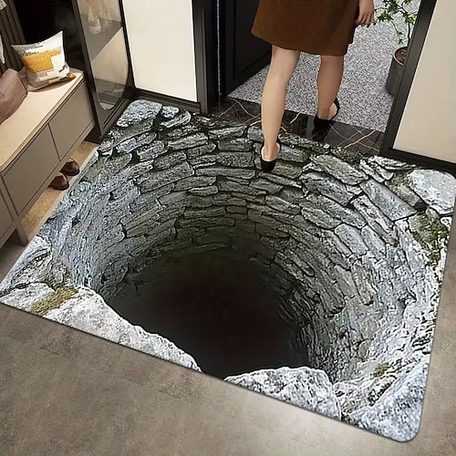 3D-Optische Illusion Fußmatte Visuelle Falle Fußmatte Rutschfest Tiefenloch Design für Eingangsbereich Badezimmer Treppen Innen Außen Diatomaceous Earth Schnell trocknend Absorbierend 20 x 31 Zoll Image