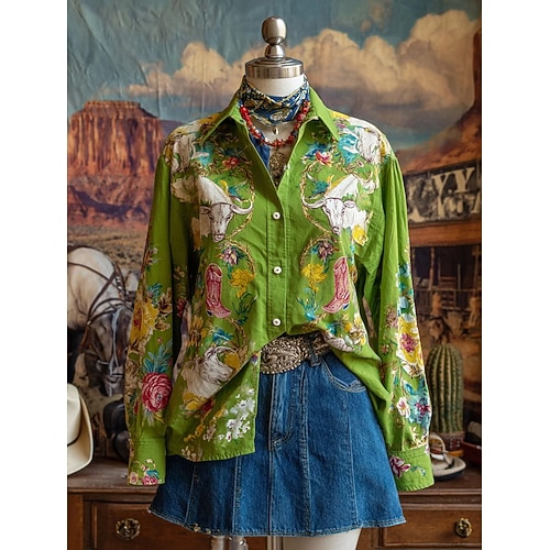 Damen Hemd Bluse Patchwork Knöpfe Druck Blumen Grafik Paisley-Muster Vintage Lässig Langarm Hemdkragen Normale Oberteile Täglich Rosa Braun Grün Sommer Frühling Herbst Winter Image