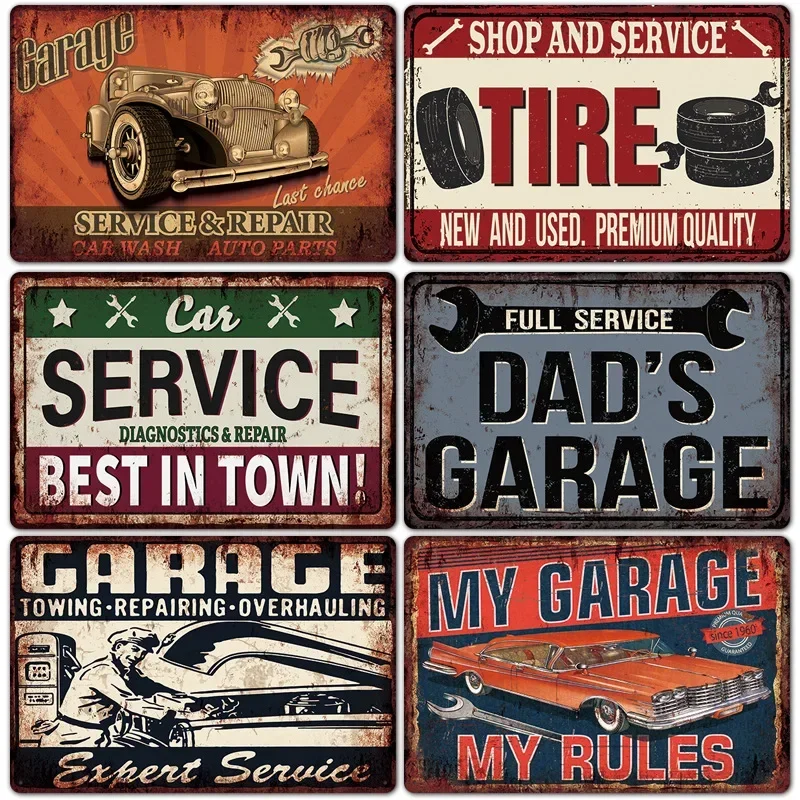 Garage Auto Zeichen Vintage Metall Zinn Zeichen Dekor Reparatur Auto Werkzeuge Dekorative Wand Platte Eisen Handwerk Weißblech Poster Rost Plaq Image