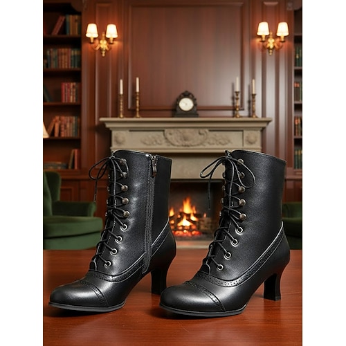 Schwarze Hexenstiefel zum Schnüren für Damen mit Reißverschluss und Nietendetail, klobiges Absatzdesign im Vintage-Stil der 1920er Jahre, perfekt für Partys, Abendgarderobe und besondere Anlässe Image