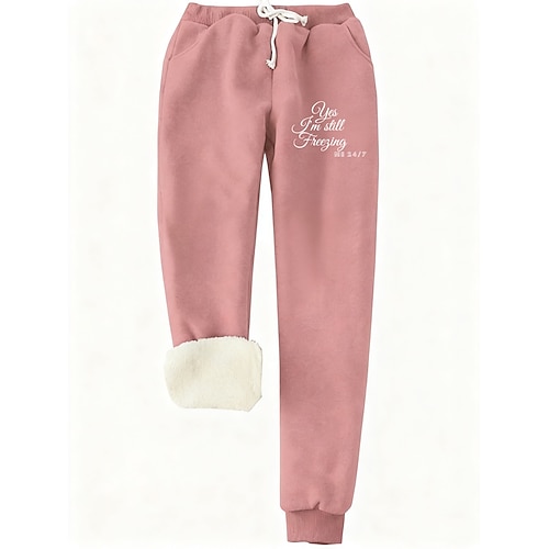 Damen Jogginghose Fleecehose Mode Lässig Volle Länge Hohe Taille Buchstabe Kordelzug Tasche Druck Thermowarm Winddicht Bequem Dehnbar Urlaub Straße Lässig Schwarz Rosa Perlenrosa Blau Frühling Herbst Image