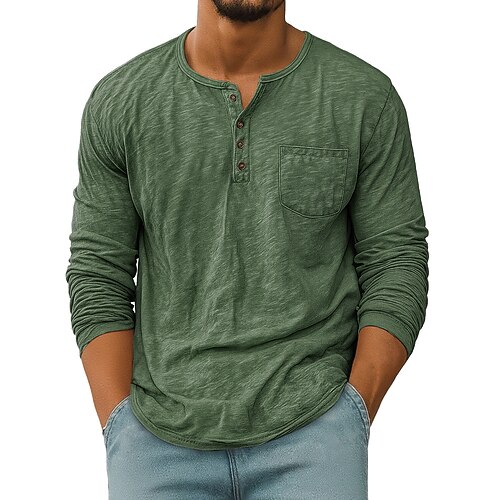 Herren T Shirt Henley Hemd T-Shirt Langarmshirt Langarm Henley Frühling Herbst Einfach Mode Designer Basic Taschen Urlaub Straße Ausgehen Weiß Rote Marineblau Top T-Shirt für Herren Image