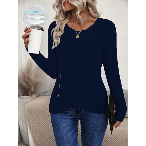Damen Bluse Knöpfe Einfarbig Stilvoll Lässig Langarm Rundhalsausschnitt Normale Oberteile Täglich Schwarz Weiß Gelb Marineblau Grau Frühling Herbst Winter Image
