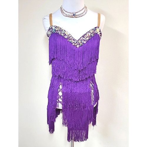 lilafarbenes Latein-Tanztop für Damen mit Fransendetails und kristallbesetztem Ausschnitt für Salsa, Tango und Auftritte Image