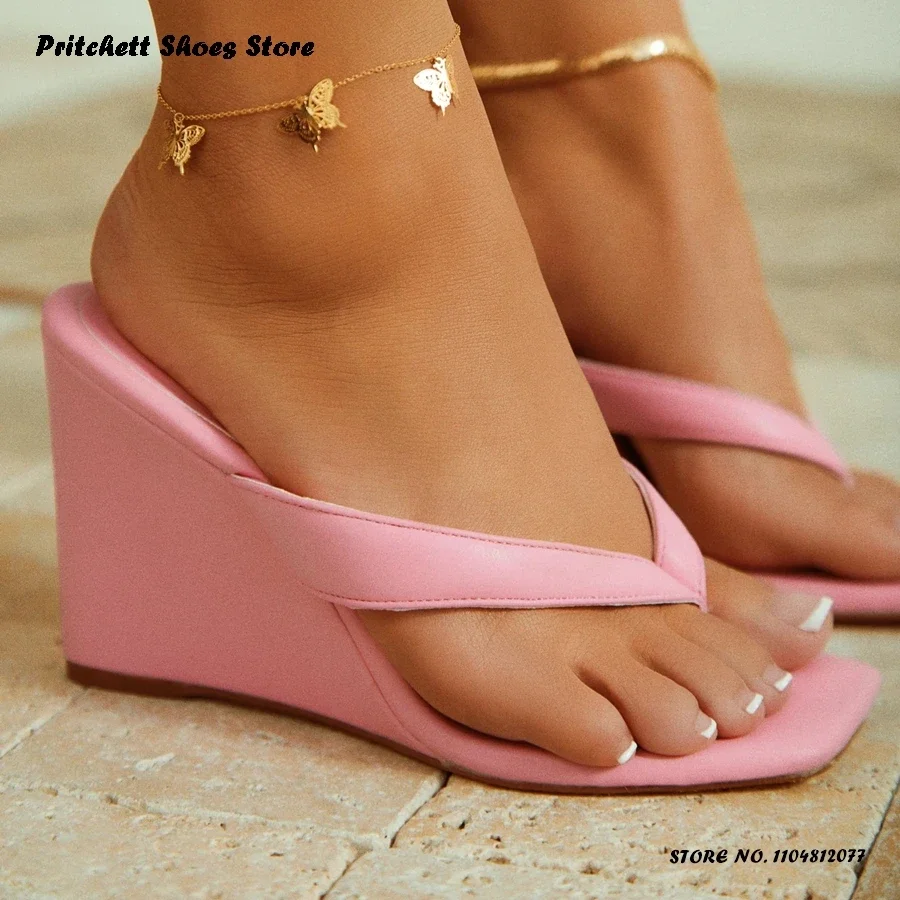 Damen-Pantoletten aus Leder mit hohem Keilabsatz, quadratische Zehen, Keilabsatz, Flip-Flops, Freizeitschuhe, Outdoor-Street-Style, zum Anziehen, moderne Hausschuhe