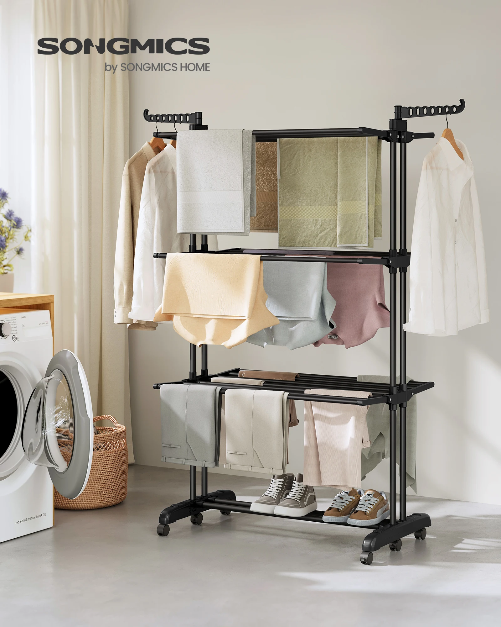 SONGMICS Wäscheständer, Standtrockner 4 Ebenen, Flügelwäscheständer, klappbare Flügel, mit Rollen, 63,5 x 125,5 x 173 cm, groß Image