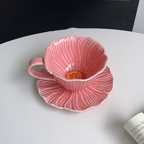 Kaffeetasse aus Keramik mit Blumenmuster Untertasse, kreatives handbemaltes französisches Vintage-Blütenblattdesign mit Unterglasur, Nachmittagstee-Set, elegantes Geschenk für Freunde Familie Image