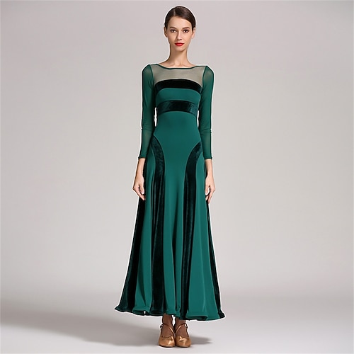 Standardtanzkleid mit transparenten Ärmeln für Damen – langärmliges A-Linien-Kleid mit Samtdetails für Wettbewerbe, Latein- und Tanzveranstaltungen – Schwarz Image