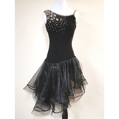 Schwarzes Latein-Tanzkleid für Damen mit Kristall-Strass-Details und mehrlagigem Tüllrock für Salsa, Tango und als Bühnenkleidung Image